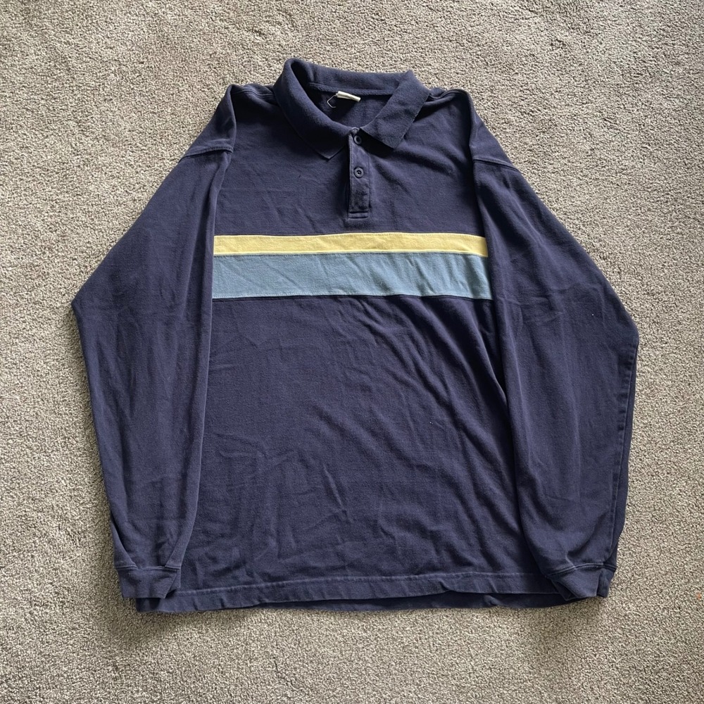 Mens Old Navy Long Sleeve Polo Shirt XL Navy Blue Good Striped Cotton Rugby
